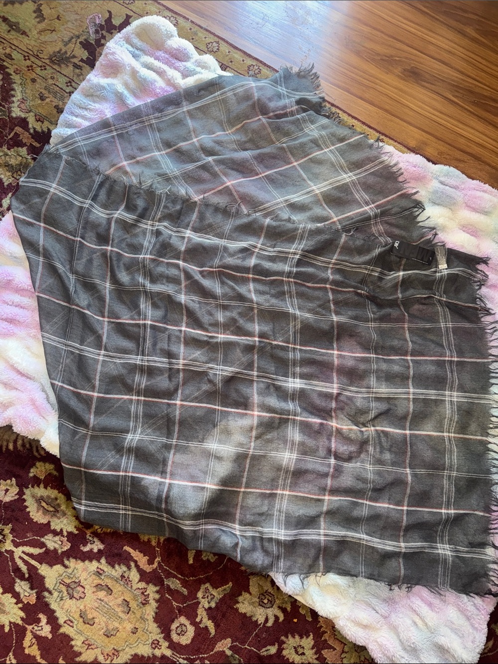 David and Young Gray Plaid Fringe Scarf with Pink Accents. Sporty and super long